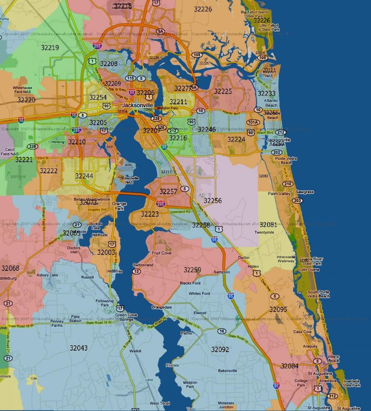 Jacksonville FL zip codes on map
